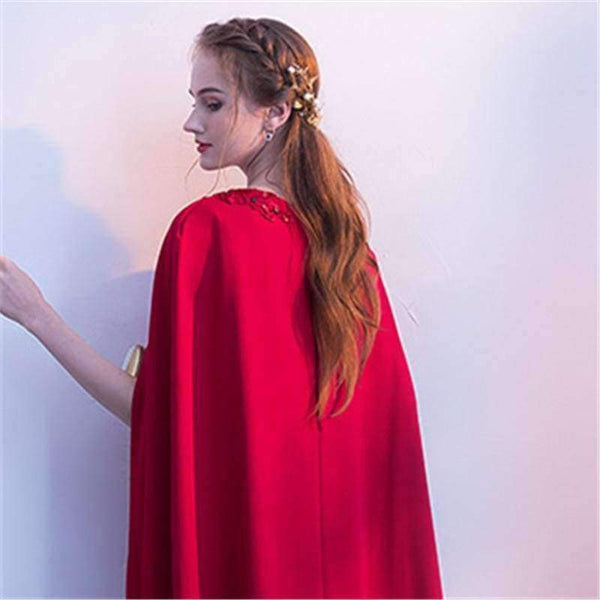 Planet Gates Red O-Neck Full Cap Sleeve Cape Zipper Dinner Party Formal Dress A-line Floor Length Evening Dress LX405