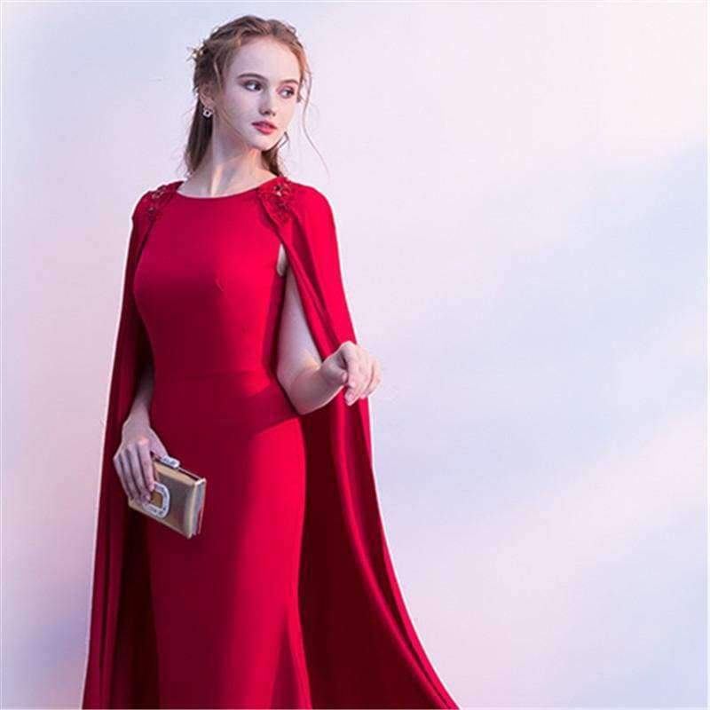 Planet Gates Red O-Neck Full Cap Sleeve Cape Zipper Dinner Party Formal Dress A-line Floor Length Evening Dress LX405