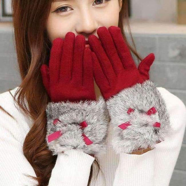 Planet Gates Red / one size Autumn Winter Ladies Cashmere Gloves Female Bow Tie Rabbit Fur Wool Mitten Gloves Sweet Elegant All Match Women Grey Gloves