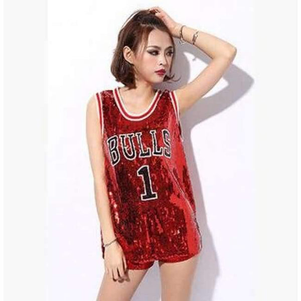 Planet Gates Red / One Size Female singer Sexy costume silver Red sequins dance wear bar dj clothes Top stage costumes women singer hip hop costume