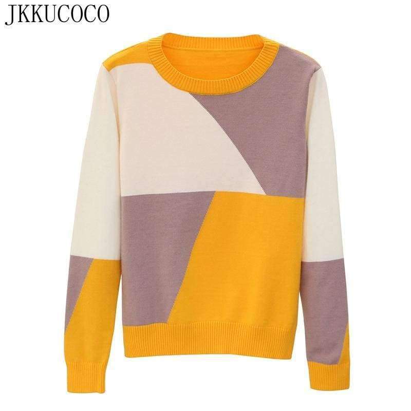 Planet Gates Red / One Size Newest Women Sweaters Mix Color Geometric Cotton Sweater Women Pullovers O-neck Winter sweaters Hot Sell 3 Colors