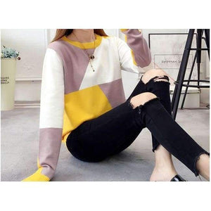 Planet Gates Red / One Size Newest Women Sweaters Mix Color Geometric Cotton Sweater Women Pullovers O-neck Winter sweaters Hot Sell 3 Colors