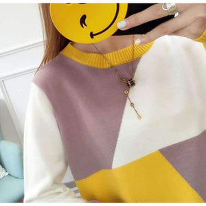 Planet Gates Red / One Size Newest Women Sweaters Mix Color Geometric Cotton Sweater Women Pullovers O-neck Winter sweaters Hot Sell 3 Colors