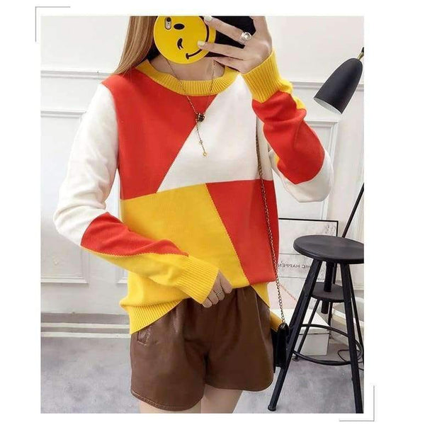 Planet Gates Red / One Size Newest Women Sweaters Mix Color Geometric Cotton Sweater Women Pullovers O-neck Winter sweaters Hot Sell 3 Colors