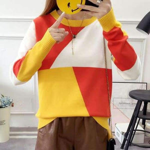 Planet Gates Red / One Size Newest Women Sweaters Mix Color Geometric Cotton Sweater Women Pullovers O-neck Winter sweaters Hot Sell 3 Colors