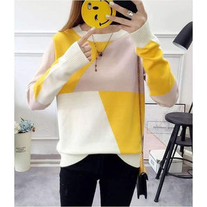 Planet Gates Red / One Size Newest Women Sweaters Mix Color Geometric Cotton Sweater Women Pullovers O-neck Winter sweaters Hot Sell 3 Colors