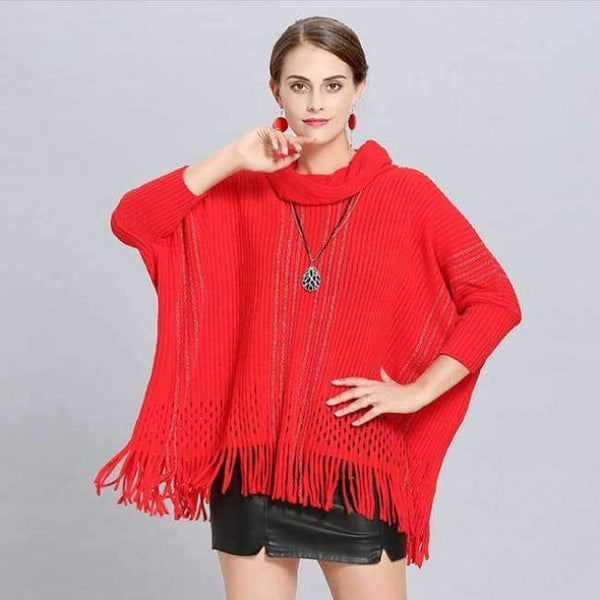 Planet Gates red / One Size Winter Women V Neck Batwing Stripes Fringed Stitching Irregular Tops Poncho Shawl Cape Sweater Blusas Femininas