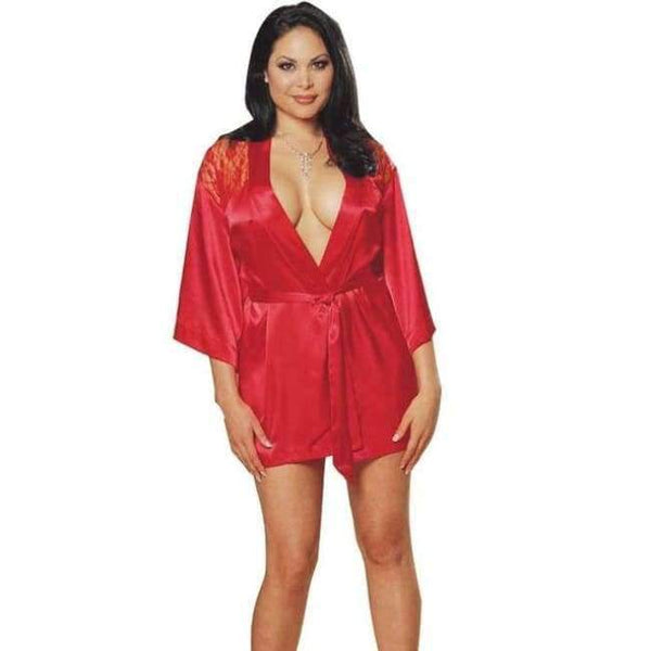 Planet Gates Red / One Size Women Imitation Silk intimate pyjamas 2/pcs Sets Robe + G-string underwear lace mesh slips dress sheer sexy lingerie half slips