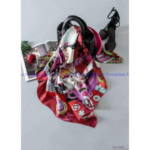 Planet Gates Red Printed 100% Silk Twill Scarf Hijab Women Large Square Silk Scarfs Shawl Wraps for Hair Wrapping Hand Rolled 88x88cm