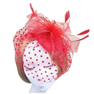 Planet Gates Red Retro Birdcage Dot Mesh Bridal Face Veil With Bow Feather Fascinator Headpiece Clip Wedding Hair Accessory Cocktail Party