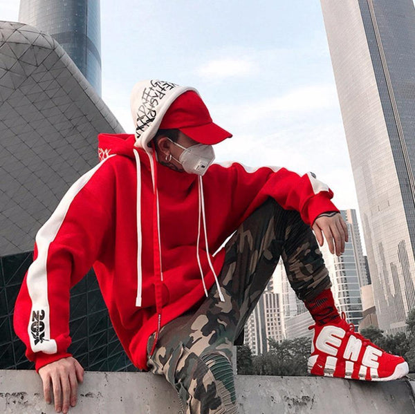 BF Oversize Hoodie Streetwear Hip Hop Red Black Double Mens Hoodies ...