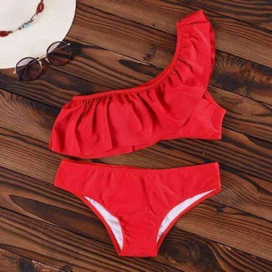 Planet Gates Red / S Bikini  One Shoulder Swimsuit Ruffle Swimwear Women Solid Padded Women's Swimming Suit New Sexy Beachwear
