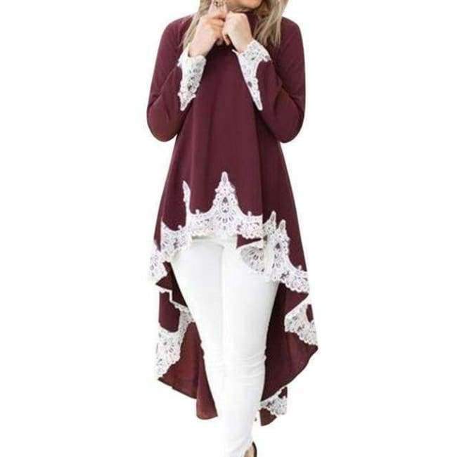 Planet Gates red / S Casual Irregular T shirt Women Autumn Long Sleeve O Neck Tops&Tees Elegant Lace Patchwork Streetwear T-Shirt Plus Size