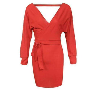 Planet Gates Red / S / China Women Sweater Dress Casual Solid Long Batwing Sleeve Mini Knit Dress Female Autumn Winter Sexy Party Dresses chifave