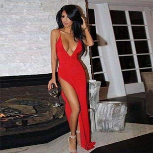 Planet Gates Red / S Elegant Solid Maxi Dress Sleeveles Party Dress Evening Club Bodycon Sundress Clubwear High Slit Deep V Neck Sexy