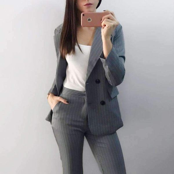 Planet Gates red / S Fashion Pant Suits 2 Piece Set for Women Double Breasted Striped Blazer Jacket & Trouser Office Lady Suit Feminino 2018