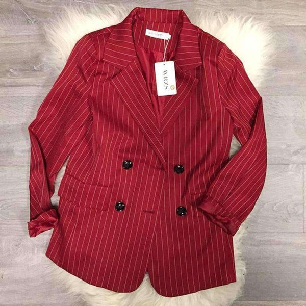 Planet Gates red / S Fashion Pant Suits 2 Piece Set for Women Double Breasted Striped Blazer Jacket & Trouser Office Lady Suit Feminino 2018