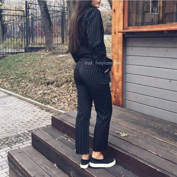Planet Gates red / S Fashion Pant Suits 2 Piece Set for Women Double Breasted Striped Blazer Jacket & Trouser Office Lady Suit Feminino 2018