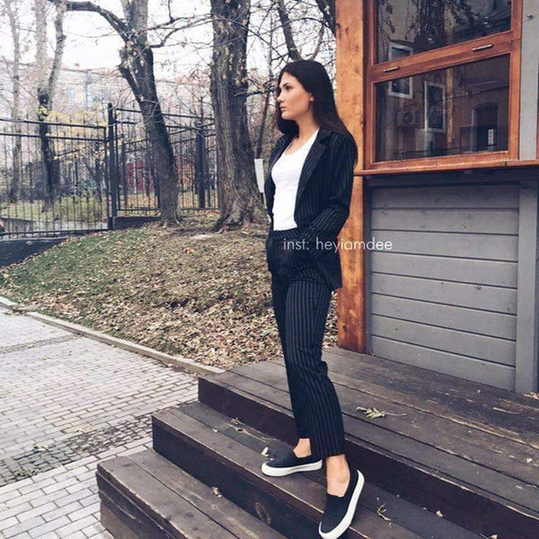 Planet Gates red / S Fashion Pant Suits 2 Piece Set for Women Double Breasted Striped Blazer Jacket & Trouser Office Lady Suit Feminino 2018