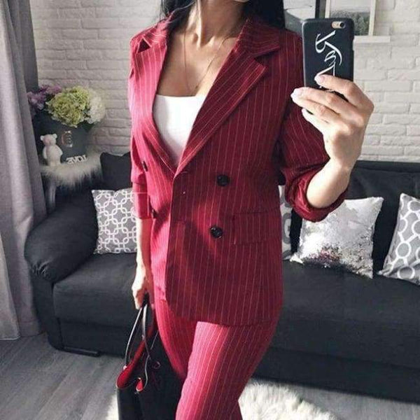 Planet Gates red / S Fashion Pant Suits 2 Piece Set for Women Double Breasted Striped Blazer Jacket & Trouser Office Lady Suit Feminino 2018