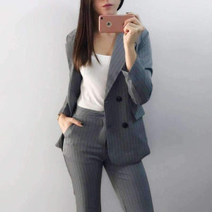 Planet Gates red / S Fashion Pant Suits 2 Piece Set for Women Double Breasted Striped Blazer Jacket & Trouser Office Lady Suit Feminino 2018
