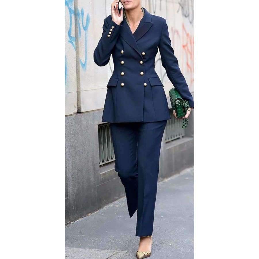 Planet Gates Red / S Fashion Simple Double Breasted Blazer Two Piece Slim Womens Business office Formal Suit Ladies Work Wear Set W34