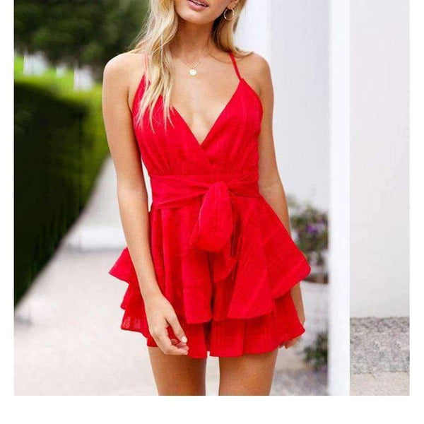Planet Gates Red / S Girl V Neck Sexy Female Playsuit Plaid Boho Floral Playsuit Shorts Jumpsuit Romper Bodysuit for Women 2018 Streetwear