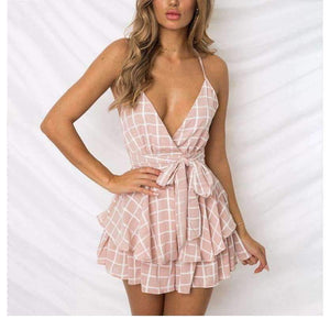 Planet Gates Red / S Girl V Neck Sexy Female Playsuit Plaid Boho Floral Playsuit Shorts Jumpsuit Romper Bodysuit for Women 2018 Streetwear