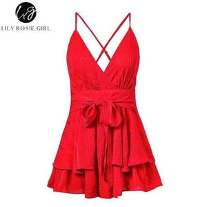 Planet Gates Red / S Girl V Neck Sexy Female Playsuit Plaid Boho Floral Playsuit Shorts Jumpsuit Romper Bodysuit for Women 2018 Streetwear