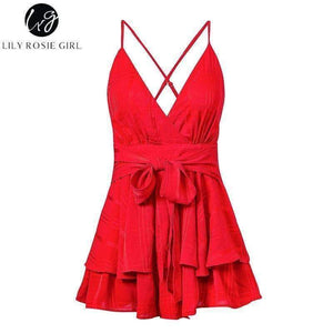 Planet Gates Red / S Girl V Neck Sexy Female Playsuit Plaid Boho Floral Playsuit Shorts Jumpsuit Romper Bodysuit for Women 2018 Streetwear