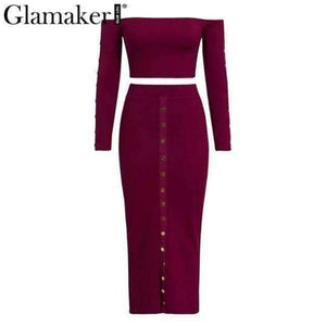 Planet Gates Red / S Glamaker Off shoulder bodycon button crop winter dress Women knitted split long sleeve sexy dress Two-piece suit maxi dress 2018
