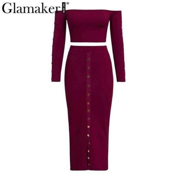 Planet Gates Red / S Glamaker Off shoulder bodycon button crop winter dress Women knitted split long sleeve sexy dress Two-piece suit maxi dress 2018