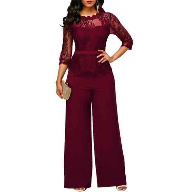 Planet Gates Jumpsuits for women Sexy High Waist Palazzo 3/4 Sleeve One Piece Lace Peplum Jumpsuit With Long Wide Leg Pant Three Quarter