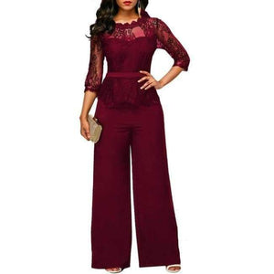 Planet Gates red / S Jumpsuits for women Sexy High Waist Palazzo 3/4 Sleeve One Piece Lace Peplum Jumpsuit With Long Wide Leg Pant Three Quarter