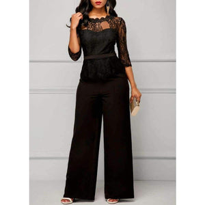 Planet Gates red / S Jumpsuits for women Sexy High Waist Palazzo 3/4 Sleeve One Piece Lace Peplum Jumpsuit With Long Wide Leg Pant Three Quarter