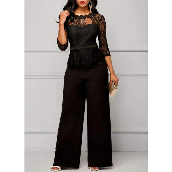 Planet Gates red / S Jumpsuits for women Sexy High Waist Palazzo 3/4 Sleeve One Piece Lace Peplum Jumpsuit With Long Wide Leg Pant Three Quarter