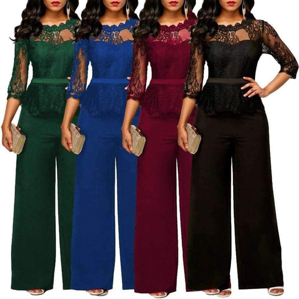 Planet Gates red / S Jumpsuits for women Sexy High Waist Palazzo 3/4 Sleeve One Piece Lace Peplum Jumpsuit With Long Wide Leg Pant Three Quarter
