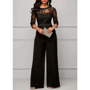 Planet Gates red / S Jumpsuits for women Sexy High Waist Palazzo 3/4 Sleeve One Piece Lace Peplum Jumpsuit With Long Wide Leg Pant Three Quarter