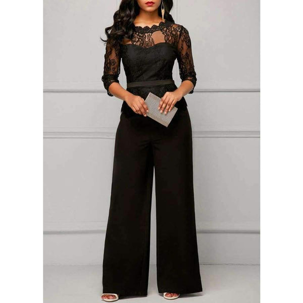 Planet Gates red / S Jumpsuits for women Sexy High Waist Palazzo 3/4 Sleeve One Piece Lace Peplum Jumpsuit With Long Wide Leg Pant Three Quarter