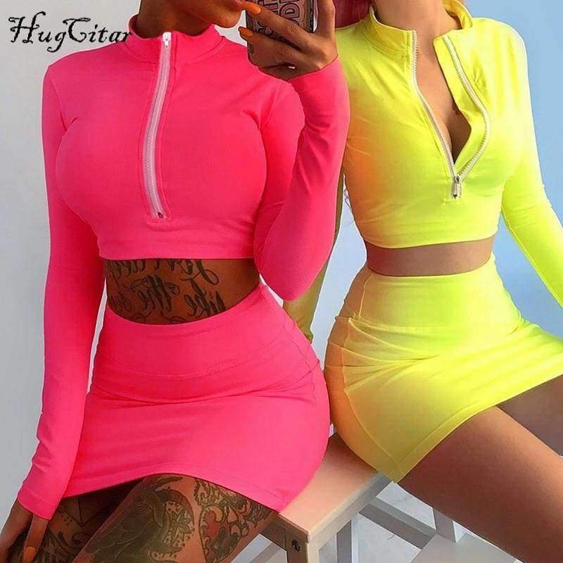 Planet Gates Red / S Long sleeve high neck zipper bodycon crop tops mini skirt 2 pieces sets 2018 autumn winter women fashion solid set