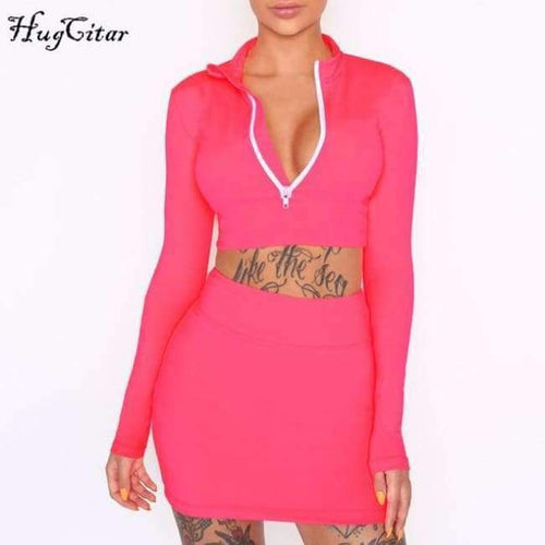 Planet Gates Red / S Long sleeve high neck zipper bodycon crop tops mini skirt 2 pieces sets 2018 autumn winter women fashion solid set
