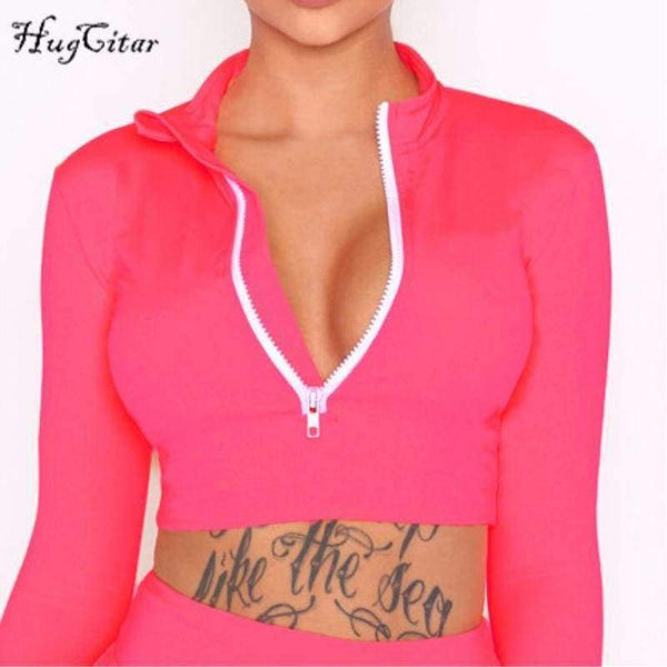 Planet Gates Red / S Long sleeve high neck zipper bodycon crop tops mini skirt 2 pieces sets 2018 autumn winter women fashion solid set