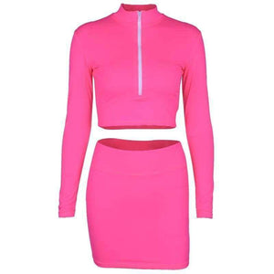 Planet Gates Red / S Long sleeve high neck zipper bodycon crop tops mini skirt 2 pieces sets 2018 autumn winter women fashion solid set