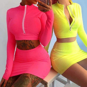 Planet Gates Red / S Long sleeve high neck zipper bodycon crop tops mini skirt 2 pieces sets 2018 autumn winter women fashion solid set