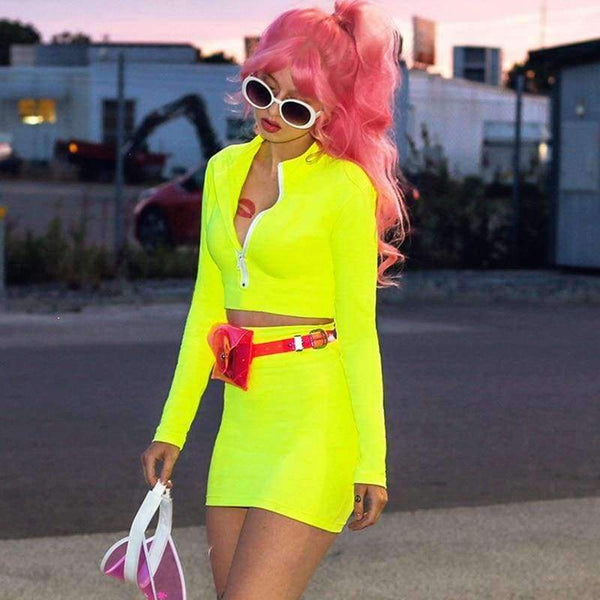 Planet Gates Red / S Long sleeve high neck zipper bodycon crop tops mini skirt 2 pieces sets 2018 autumn winter women fashion solid set