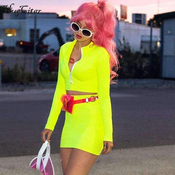 Planet Gates Red / S Long sleeve high neck zipper bodycon crop tops mini skirt 2 pieces sets 2018 autumn winter women fashion solid set