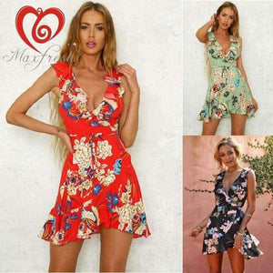 Planet Gates Red / S Maxfresh Summer Dress 2018 Women Sexy Flower Print Dresses Hem Folds Bohemian Style Belt Mini Ruffle Beach Dress