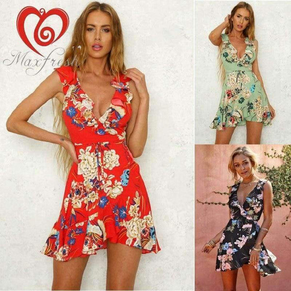 Planet Gates Red / S Maxfresh Summer Dress 2018 Women Sexy Flower Print Dresses Hem Folds Bohemian Style Belt Mini Ruffle Beach Dress