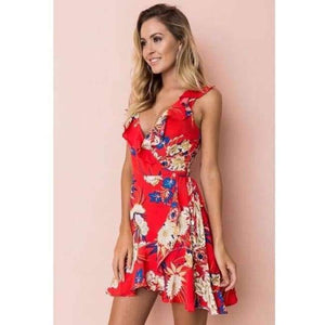 Planet Gates Red / S Maxfresh Summer Dress 2018 Women Sexy Flower Print Dresses Hem Folds Bohemian Style Belt Mini Ruffle Beach Dress