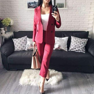 Planet Gates red / S Suits  2 Piece Sets Double Breasted Striped Blazer Jacket & Zipper Trousers Suit For Women Outfits Feminino Spring